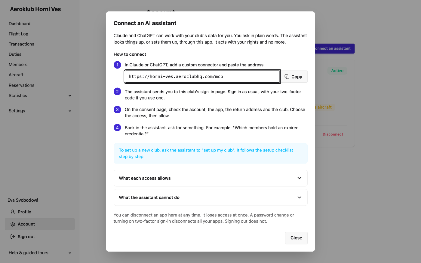 The Connect an assistant guide with the club's address and the steps to connect Claude or ChatGPT