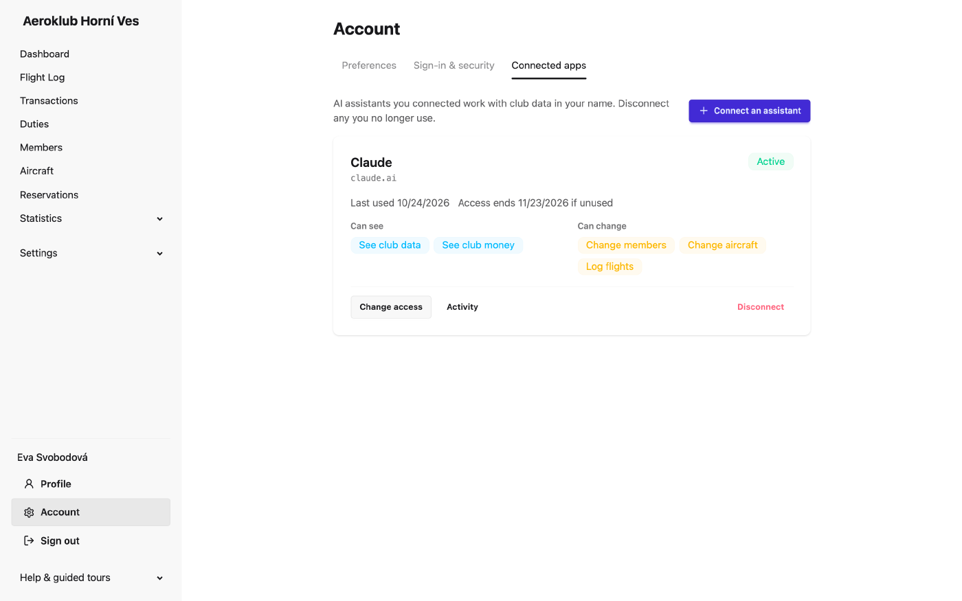 Connected apps tab: one card per connected assistant with its access and the Change access, Activity and Disconnect actions