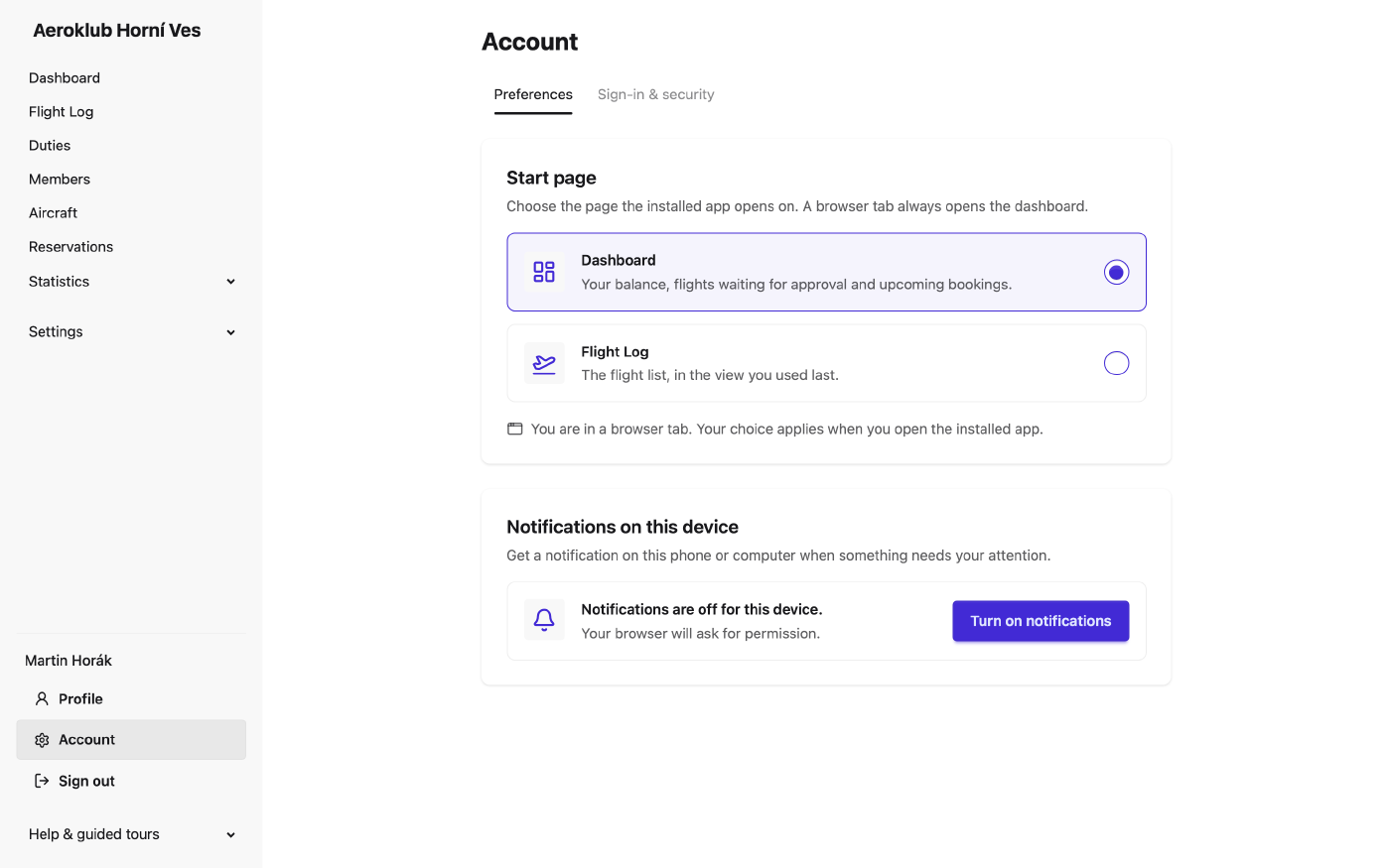 Preferences with the Start page card and Notifications on this device with the Turn on notifications button