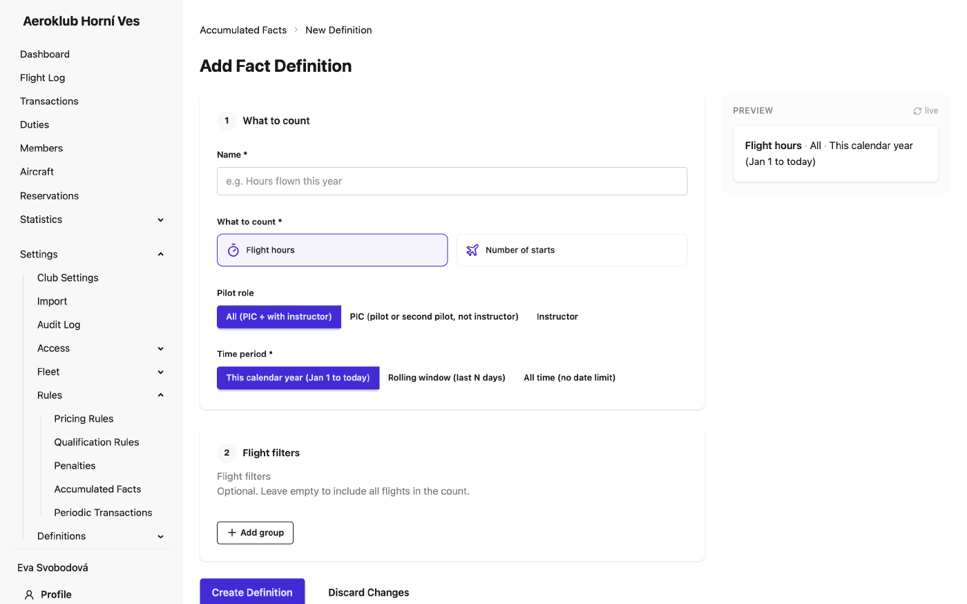 Creating an accumulated fact: what to count, pilot role, period and flight filters