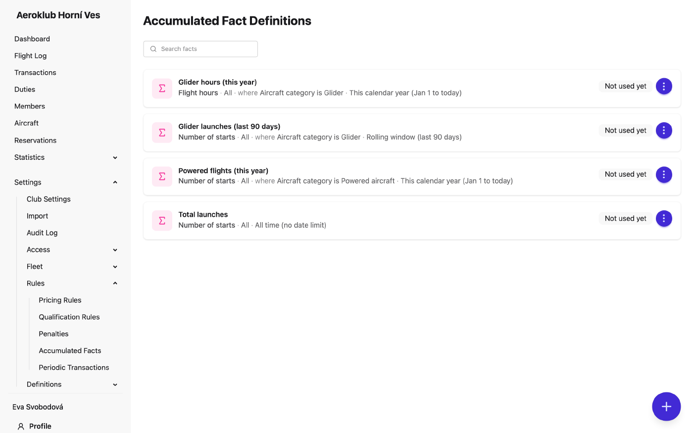 List of accumulated fact definitions with their usage count