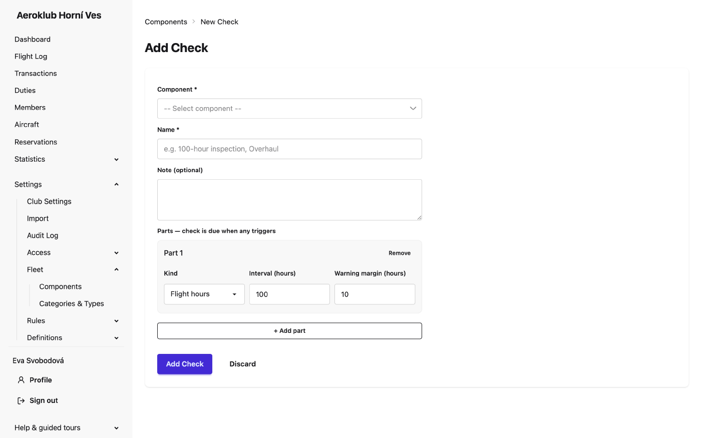 New check with its parts and warning margins