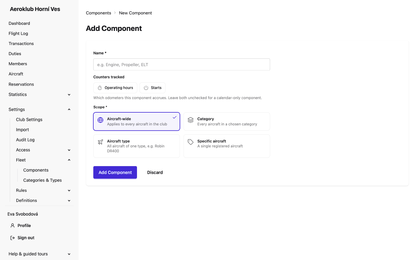 New component: name, counters tracked and scope