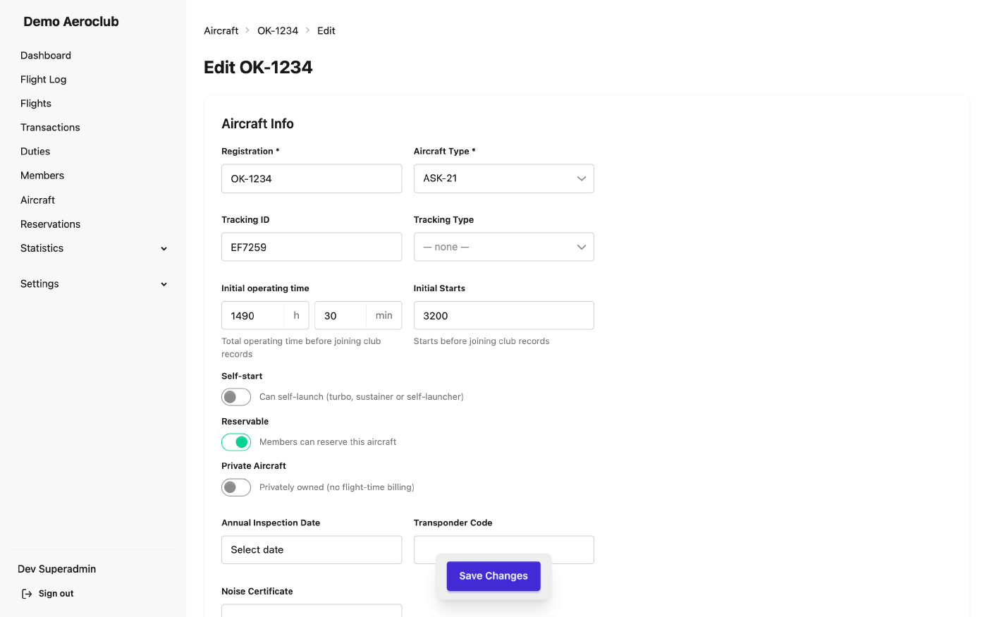 Editing an aircraft, its type and category