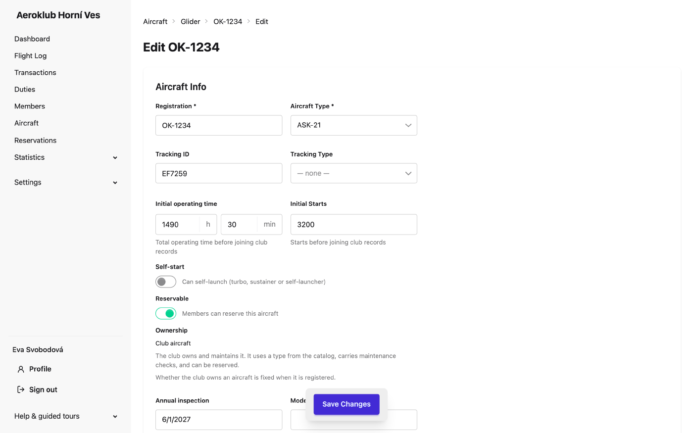 The aircraft edit page with tracking and the danger zone