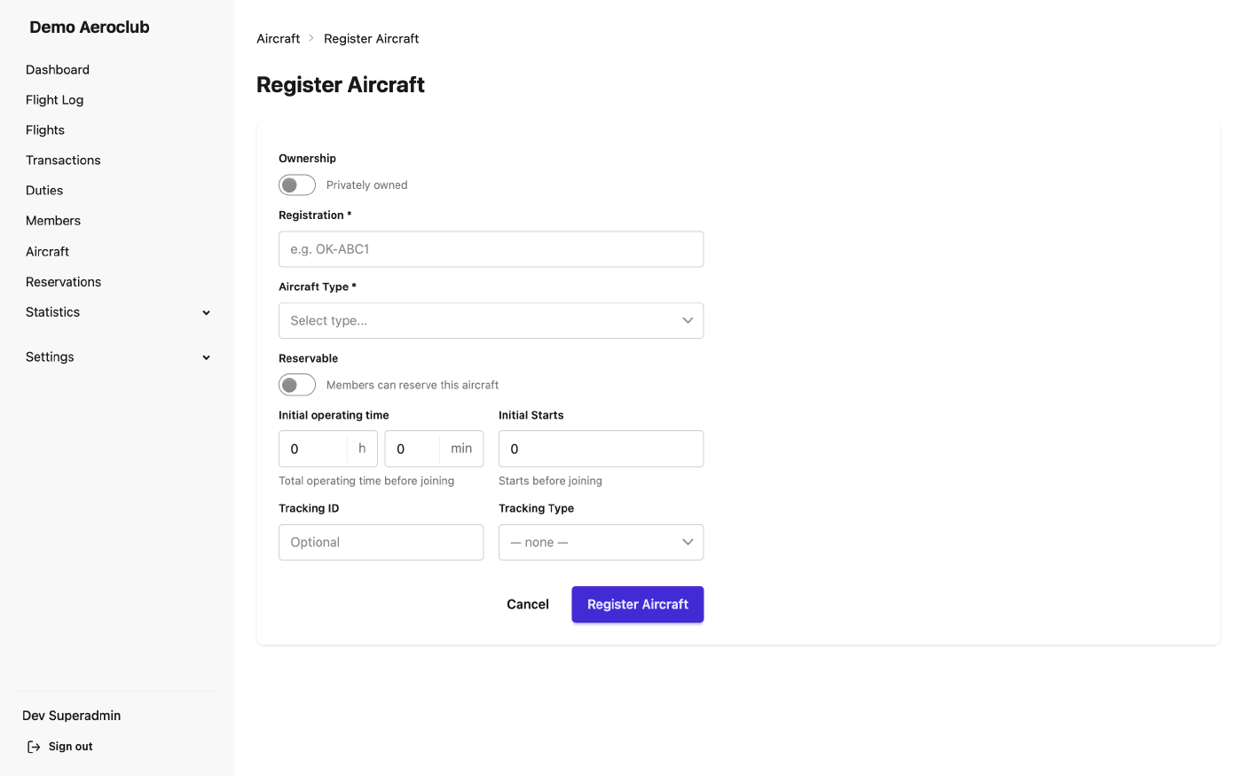 The form for registering a new aircraft