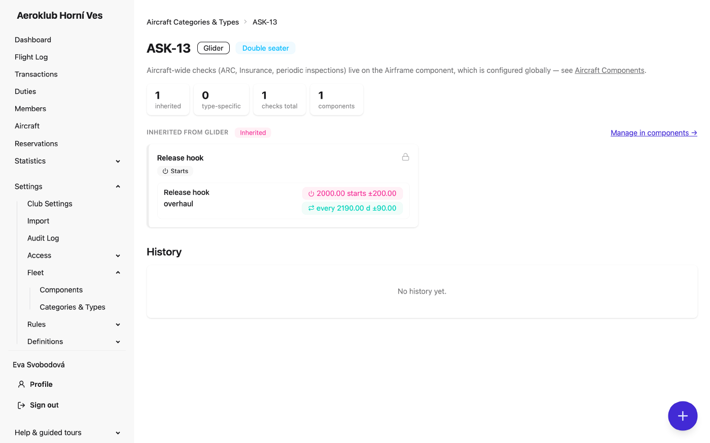 Aircraft type page with inherited and type-specific components and checks