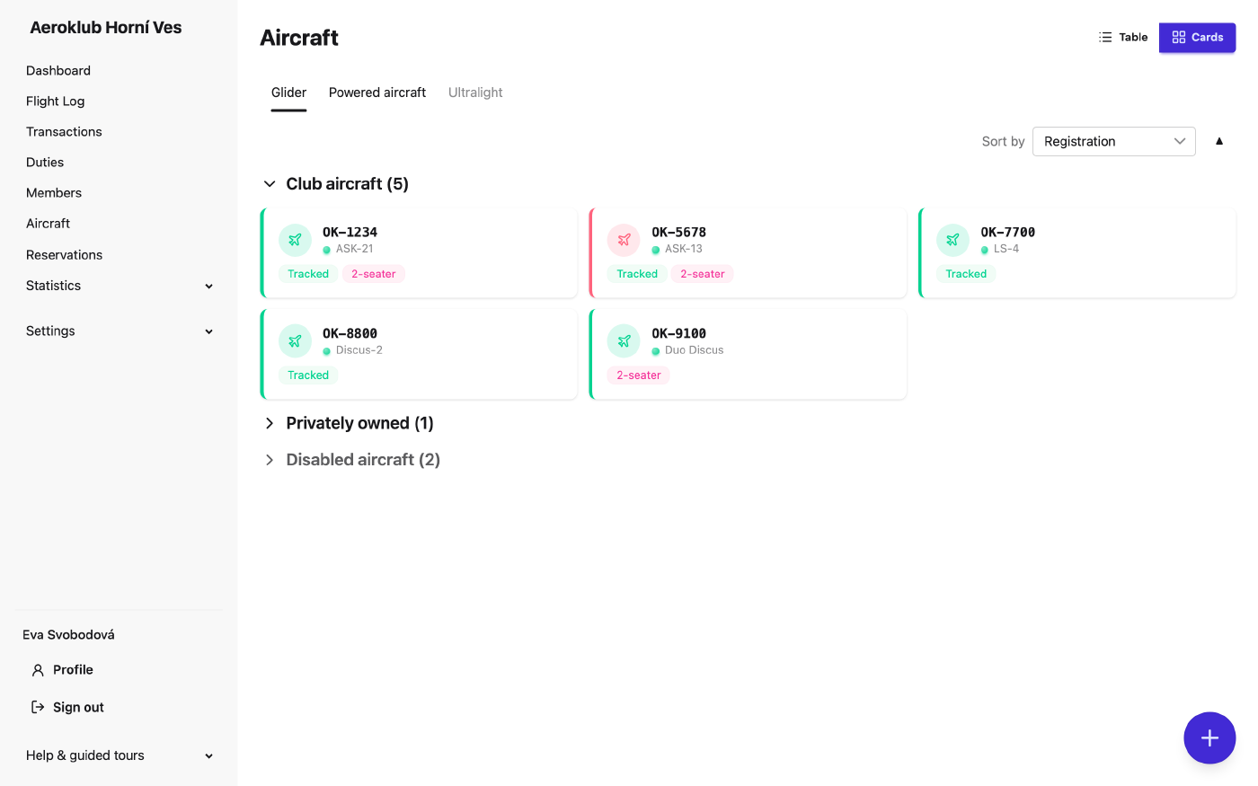 The fleet grouped by category, with club, external and private sections