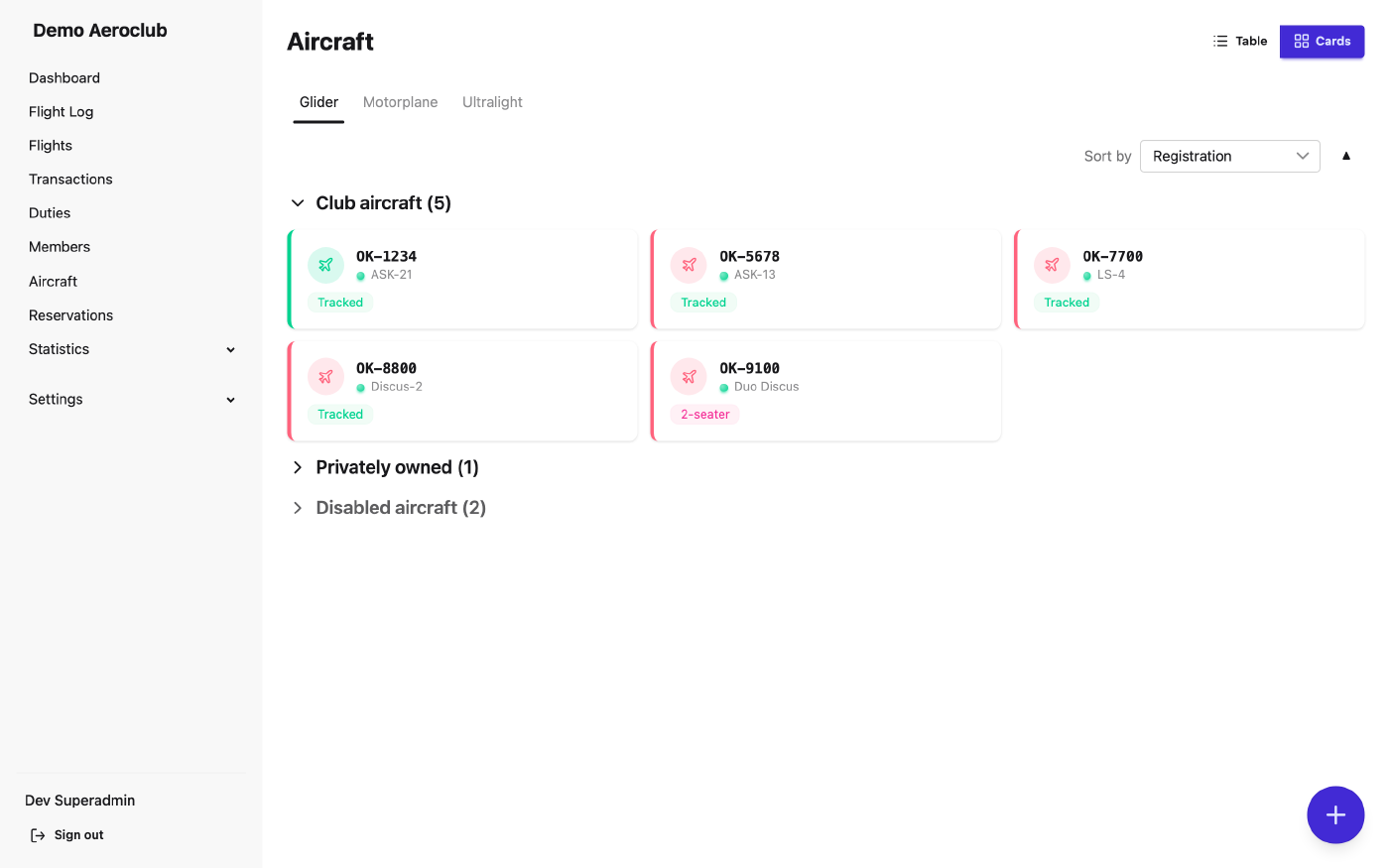 The fleet inventory with registration, type, category, and airworthiness status