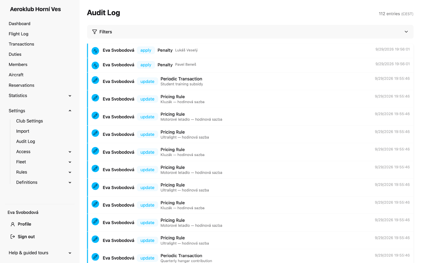Audit log listing changes with the actor, action, record and time