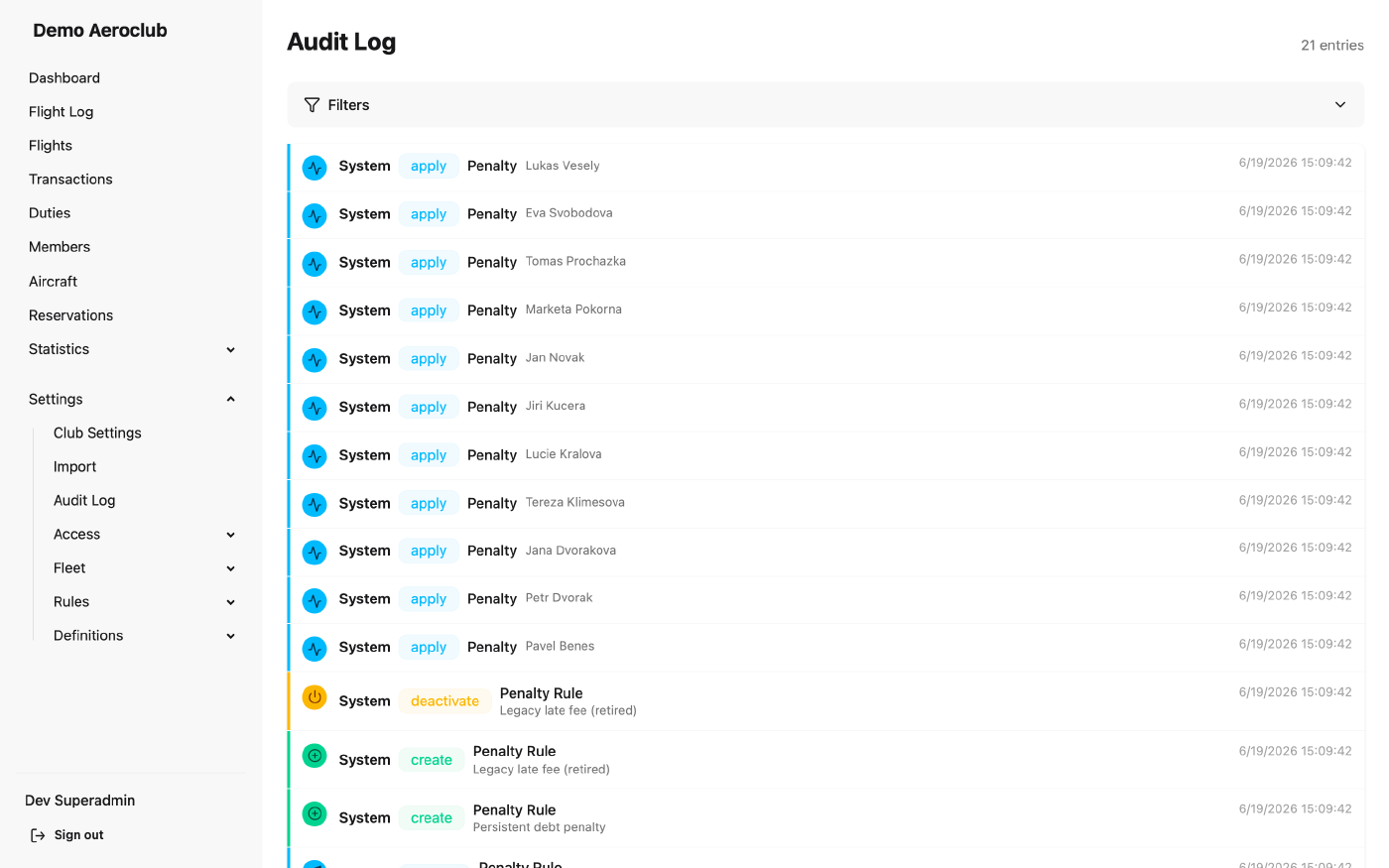 Audit log listing changes with actor, action, and timestamp