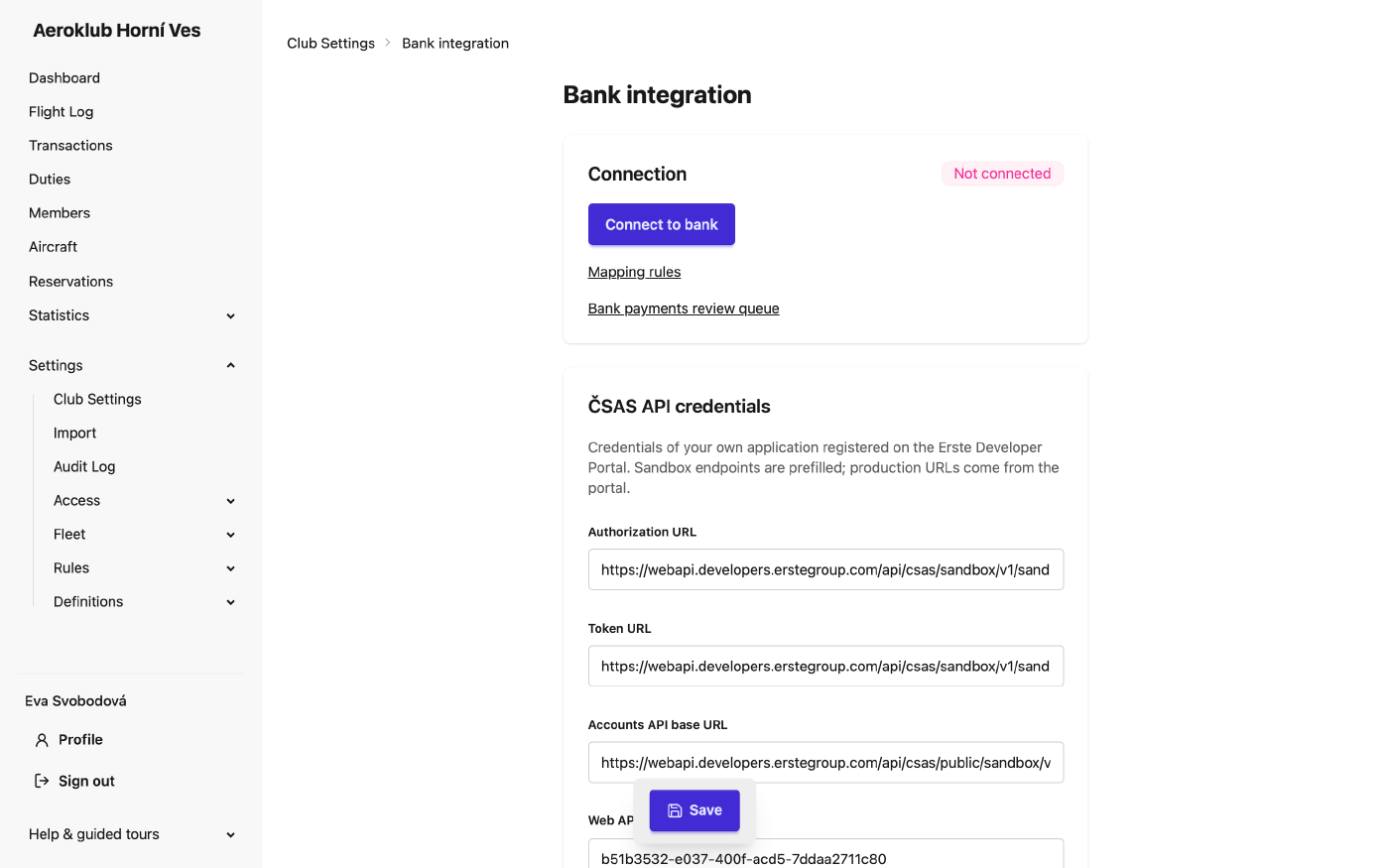 Bank integration settings: connection status and actions, ČSAS API credentials, posting and member matching