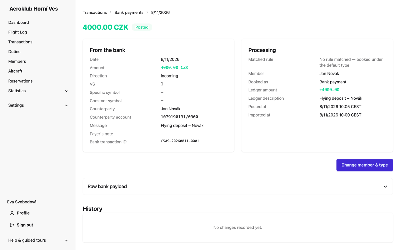 Bank payment detail: data from the bank and how it was processed