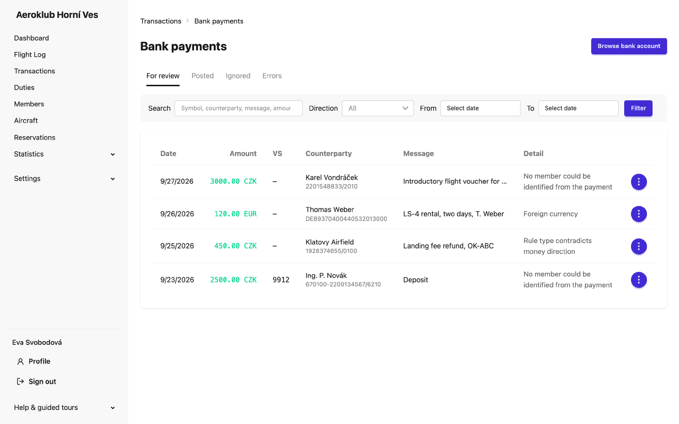 The bank payments review queue with status tabs