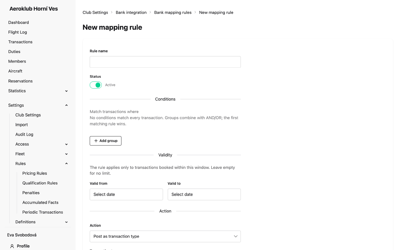 New bank mapping rule: conditions, validity window and action