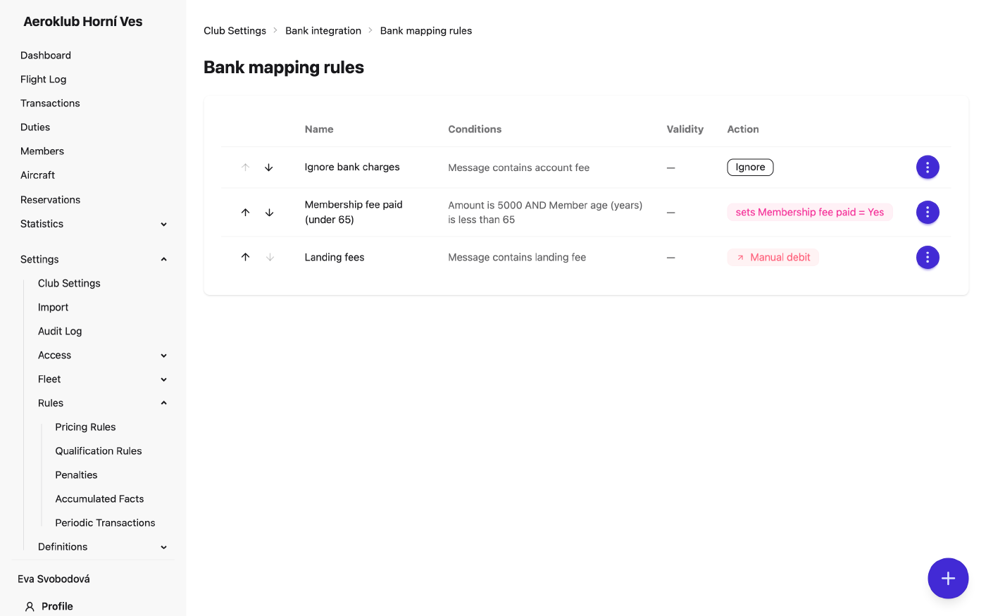 Ordered list of bank mapping rules with conditions, action and validity
