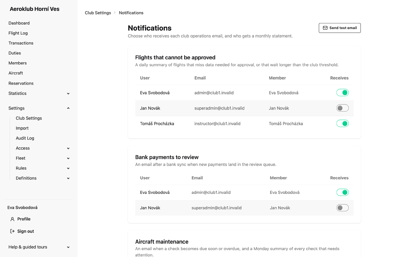 Notifications settings: one card per club-operations email with its recipients, and the monthly balance statement table