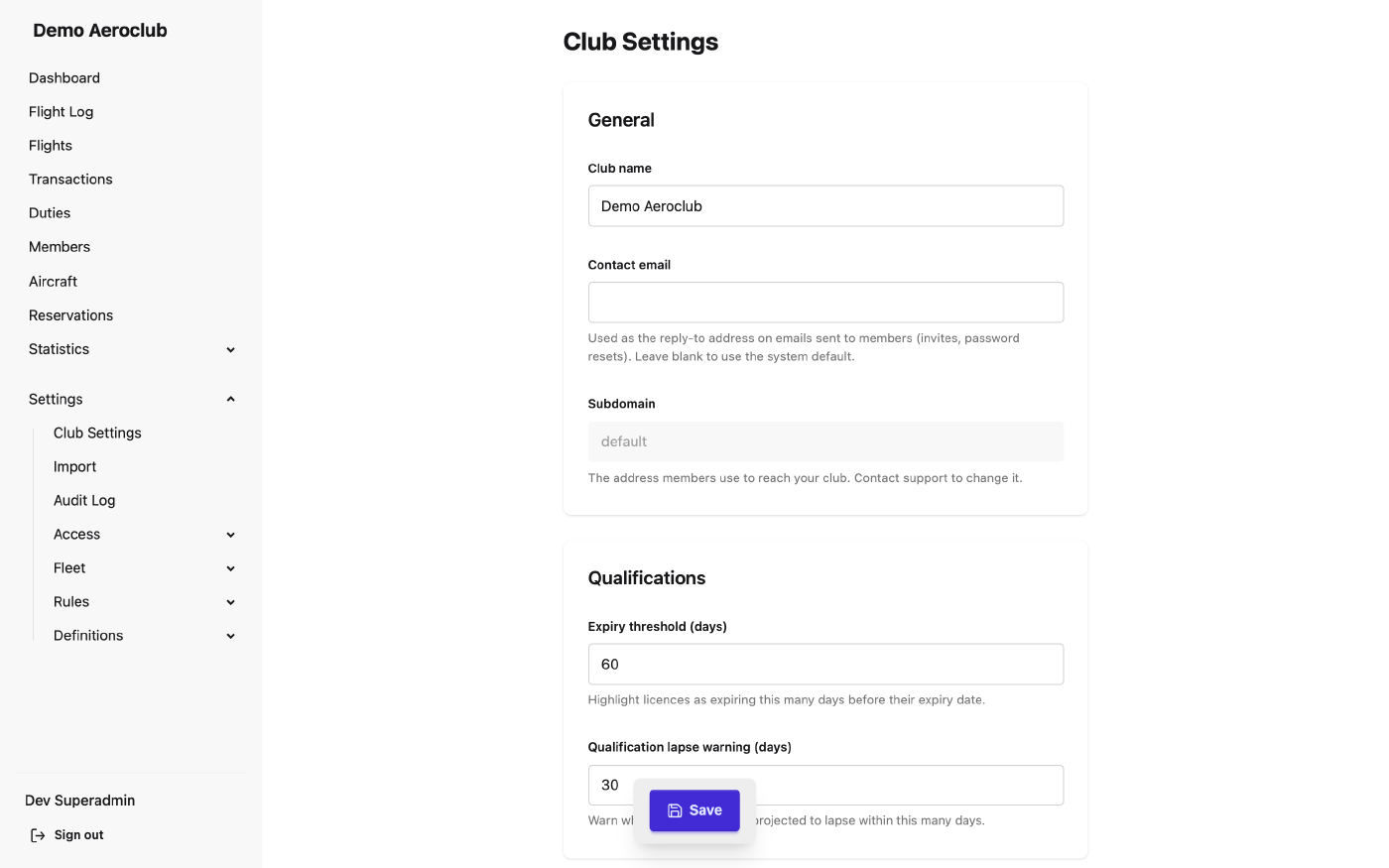 Club settings page with name, contact, and timezone fields