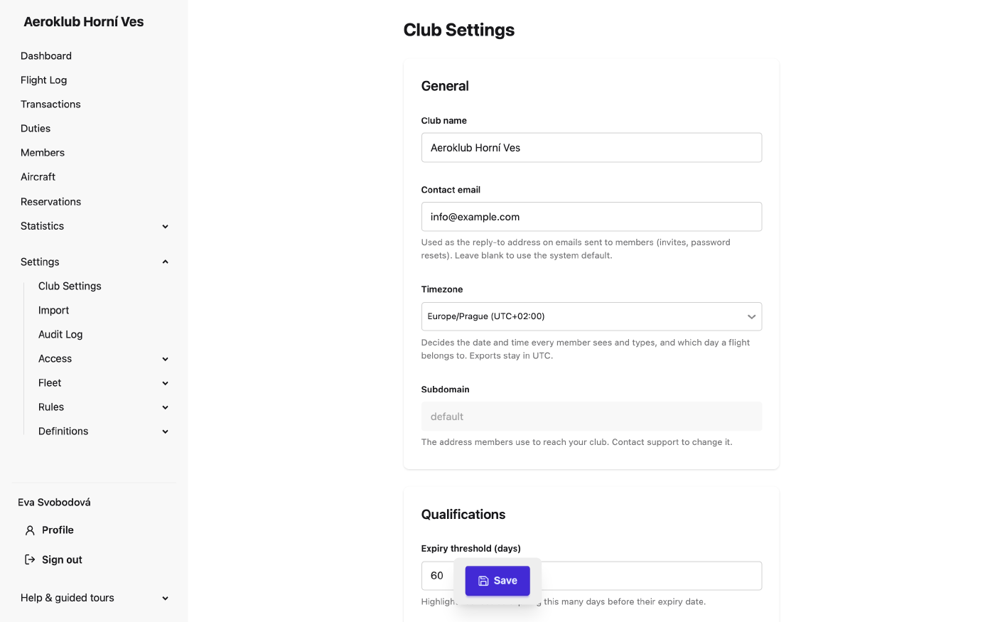 Club settings page with the General, Qualifications, Integrations and Notifications sections