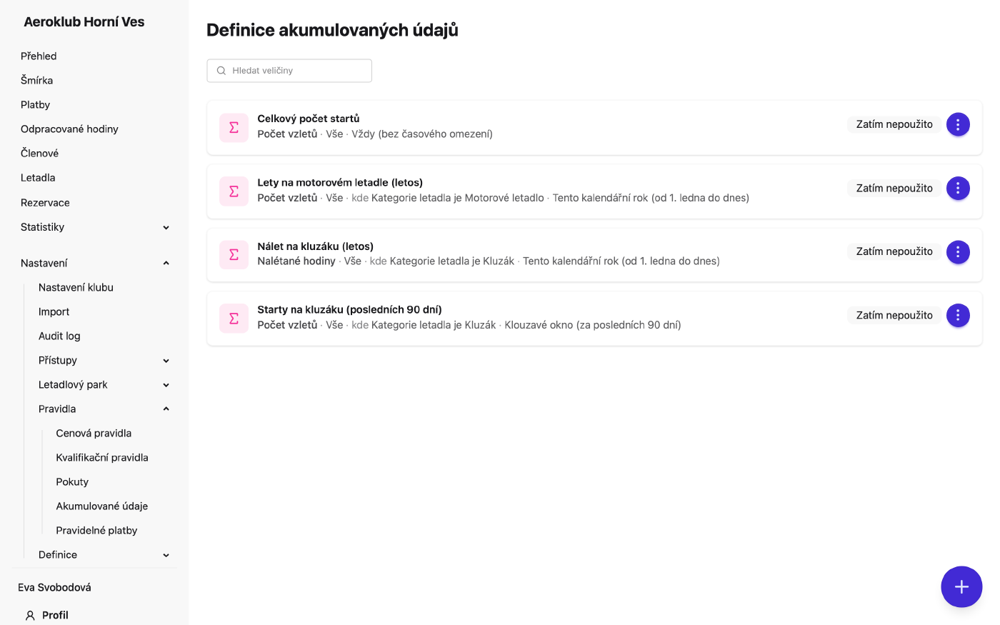 Seznam definic akumulovaných údajů s počtem použití