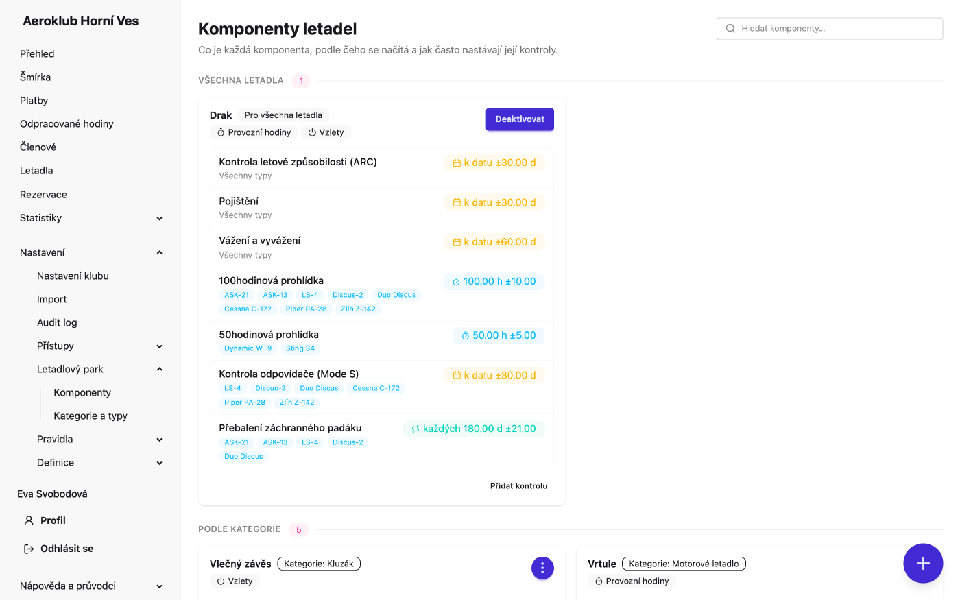 Komponenty seskupené podle rozsahu, každá s počítadly a kontrolami