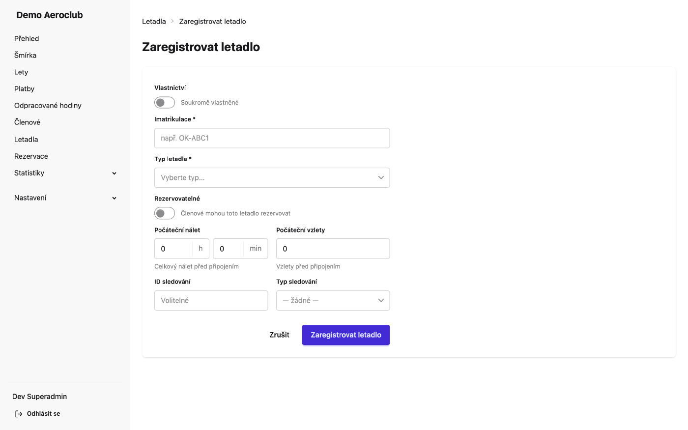 Formulář pro registraci nového letadla
