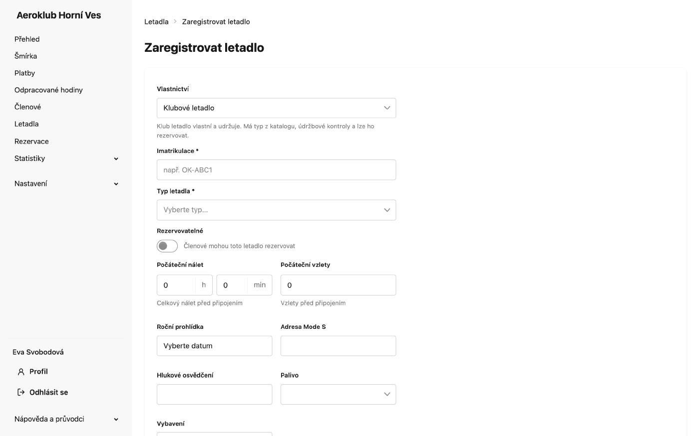Registrace nového letadla se stavem vlastnictví
