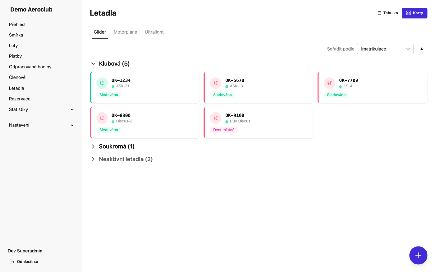 Inventář flotily s imatrikulací, typem, kategorií a stavem letové způsobilosti