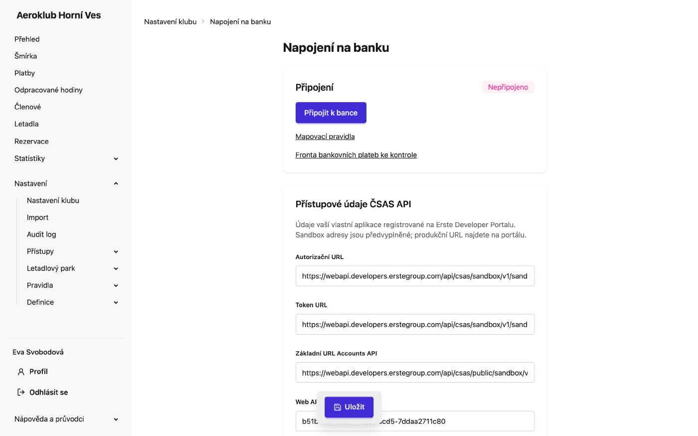 Nastavení napojení na banku: stav připojení a akce, přístupové údaje ČSAS API, účtování a párování členů