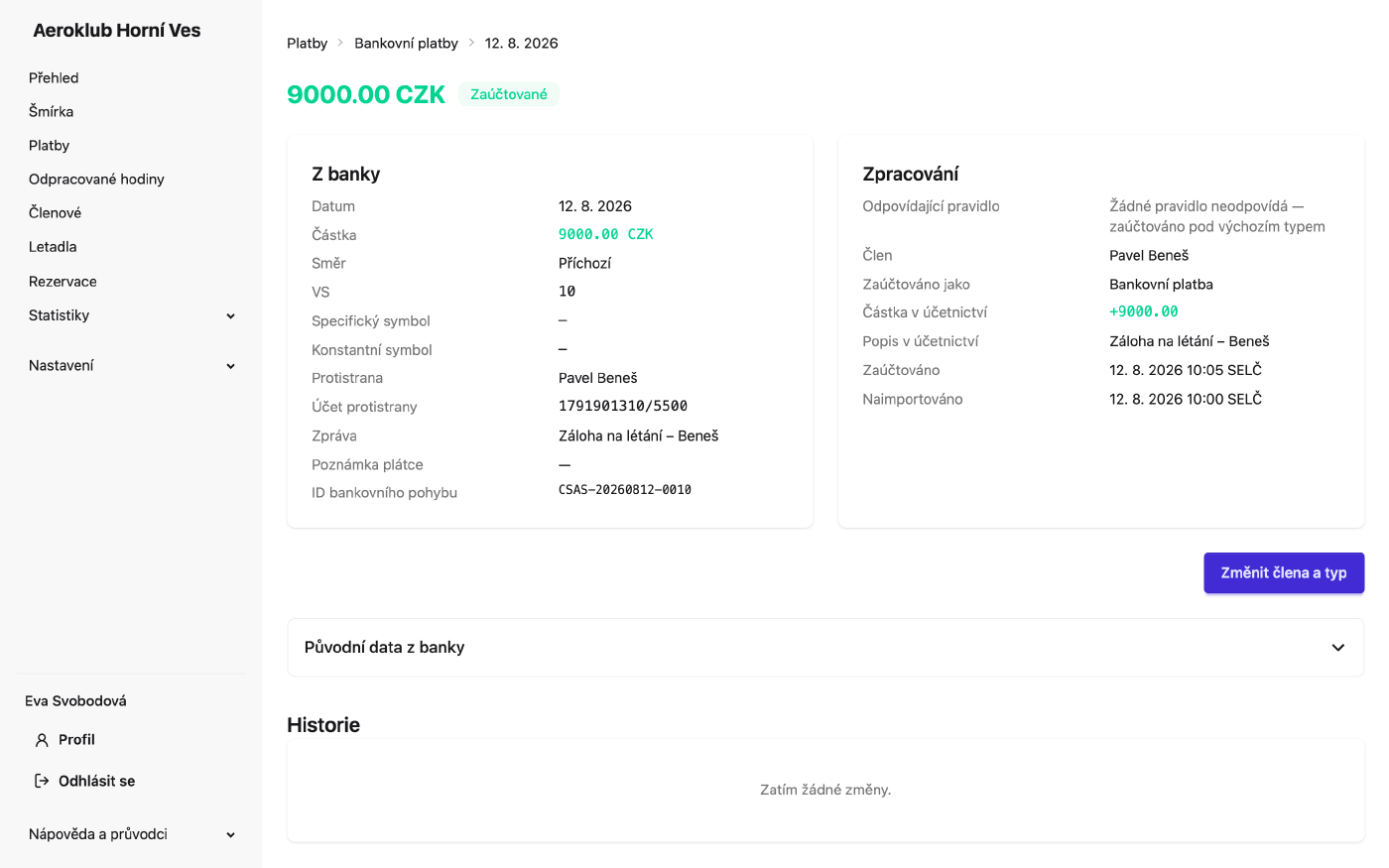 Detail bankovní platby: údaje z banky a jak byla zpracována