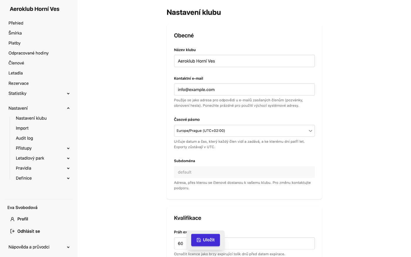 Stránka nastavení klubu s oddíly Obecné, Kvalifikace, Integrace a Notifikace