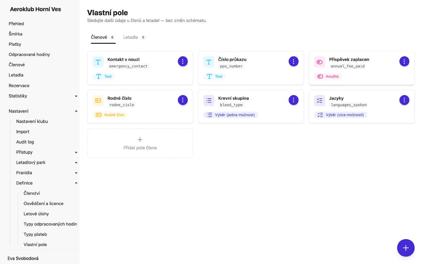 Vlastní pole členů a letadel