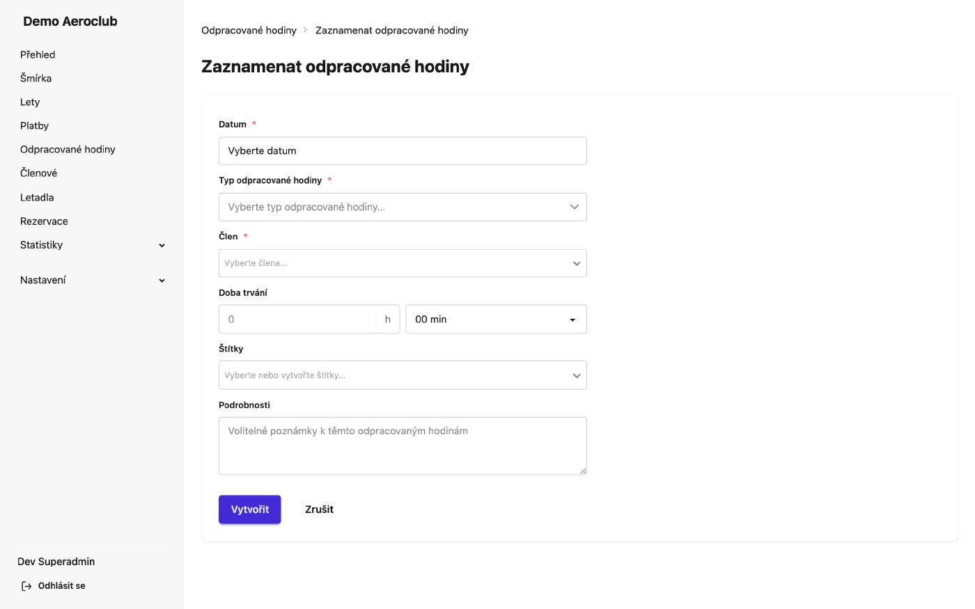Formulář pro vytvoření nové směny