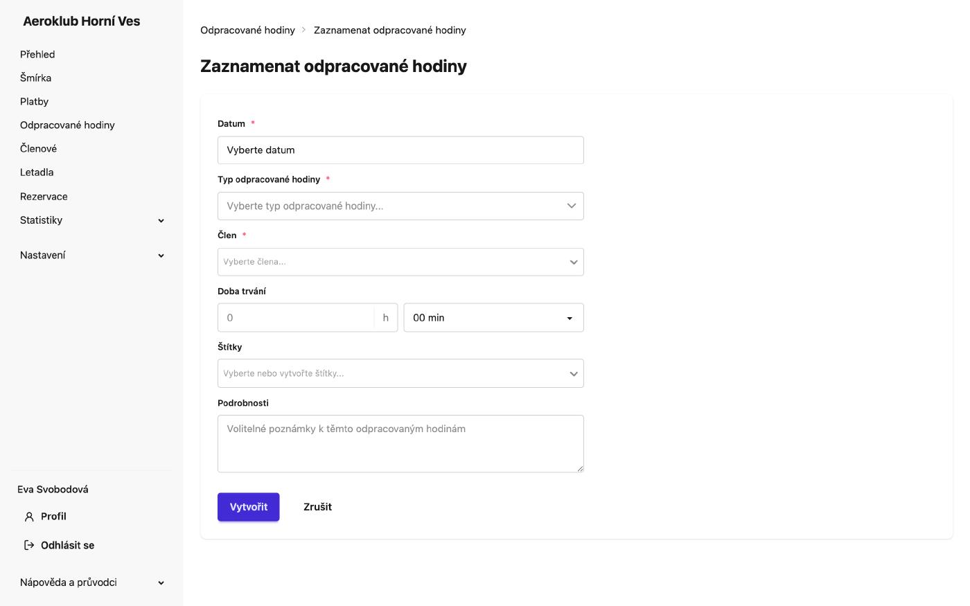Formulář pro zápis odpracovaných hodin