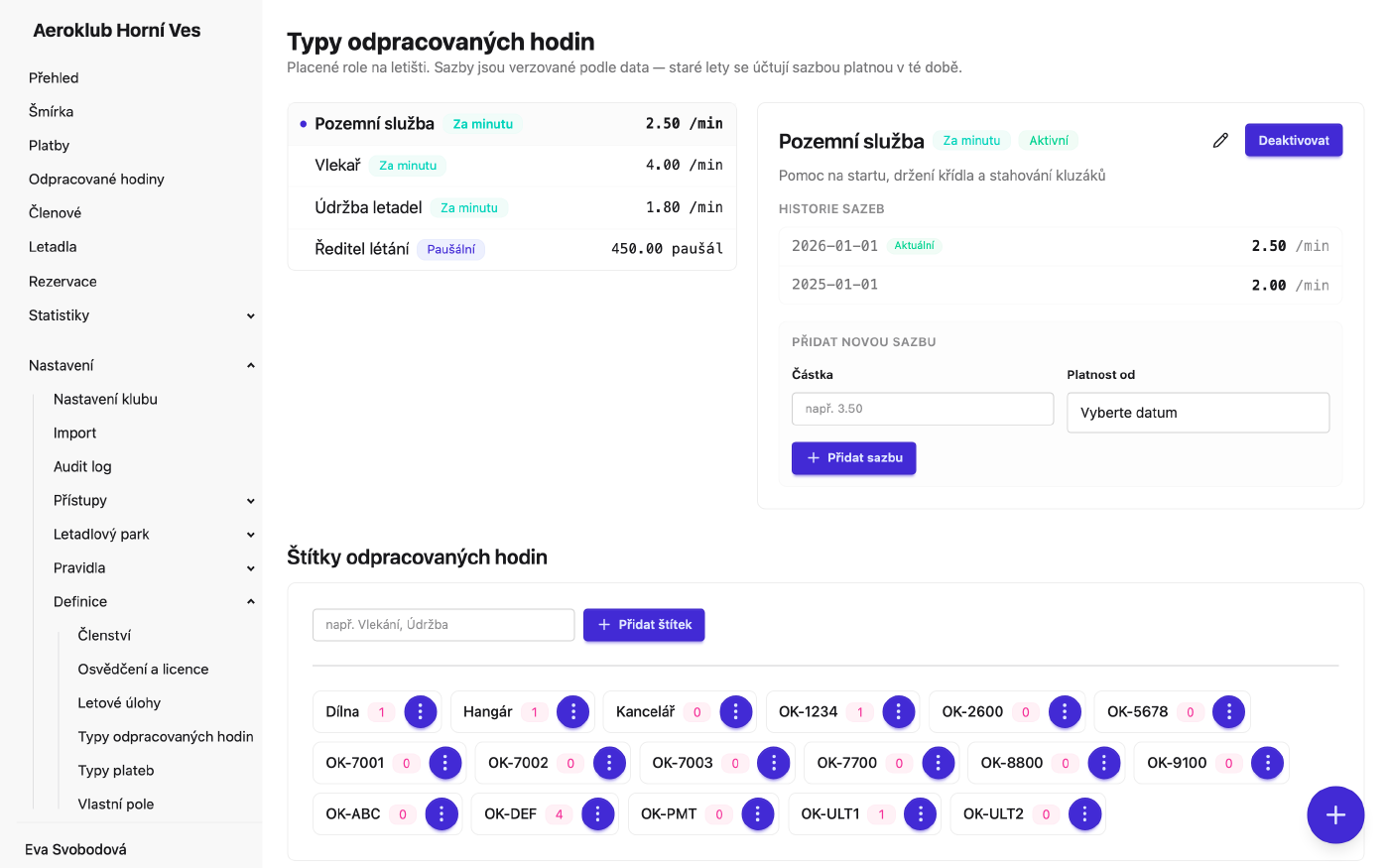 Typy odpracovaných hodin s historií sazeb vybraného typu