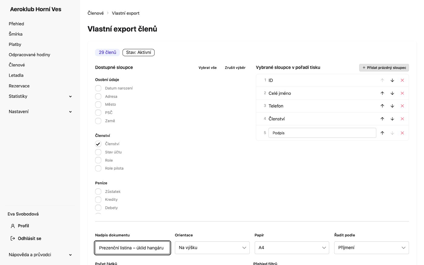 Vlastní export: výběr, řazení a přidávání sloupců