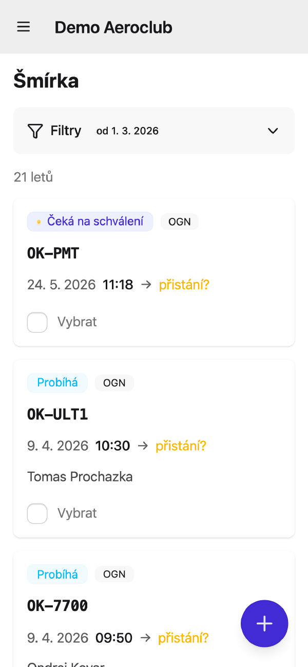 Deník letů AeroclubHQ na telefonu