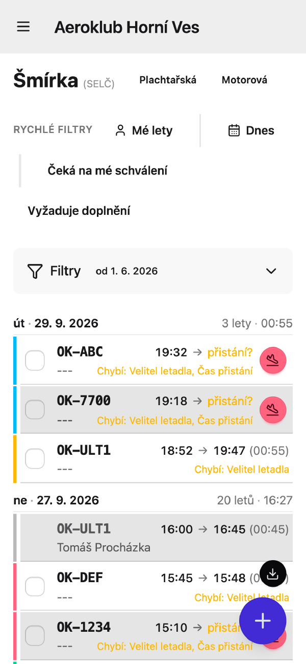 Deník letů AeroclubHQ na telefonu