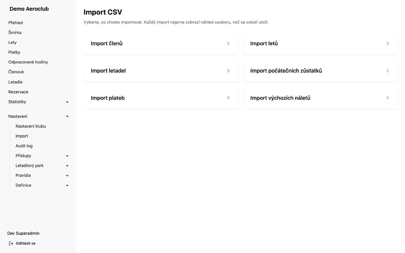 Centrum importu se seznamem specializovaných importérů pro každý typ dat