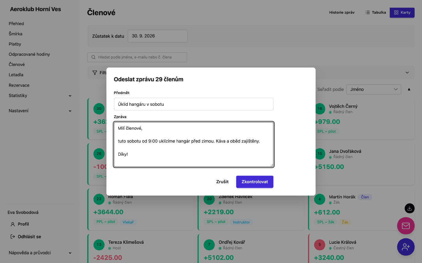 Dialog Odeslat zprávu s předmětem, zprávou a počtem příjemců