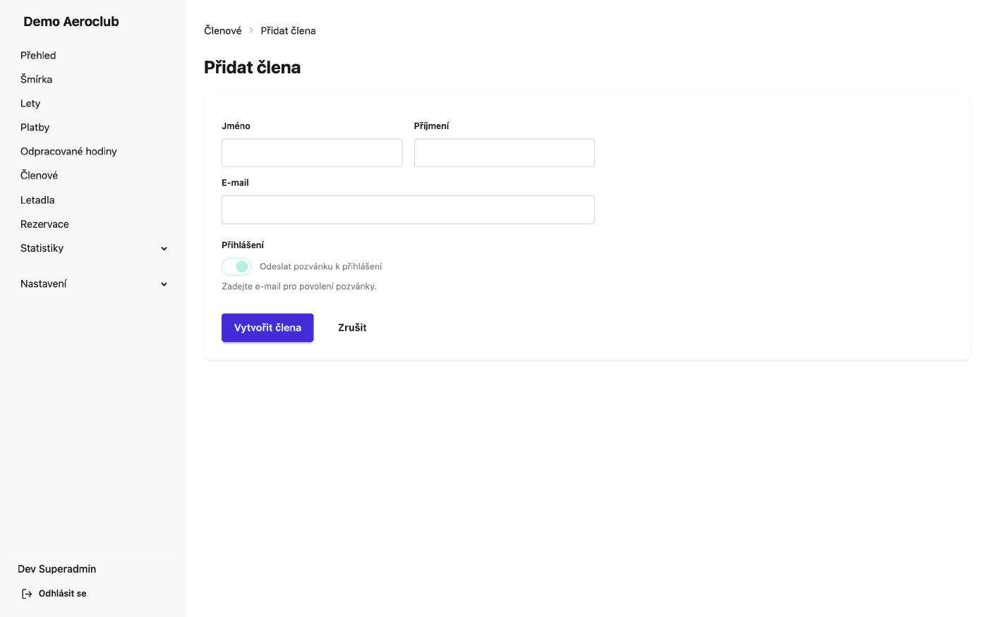 Formulář pro registraci nového člena
