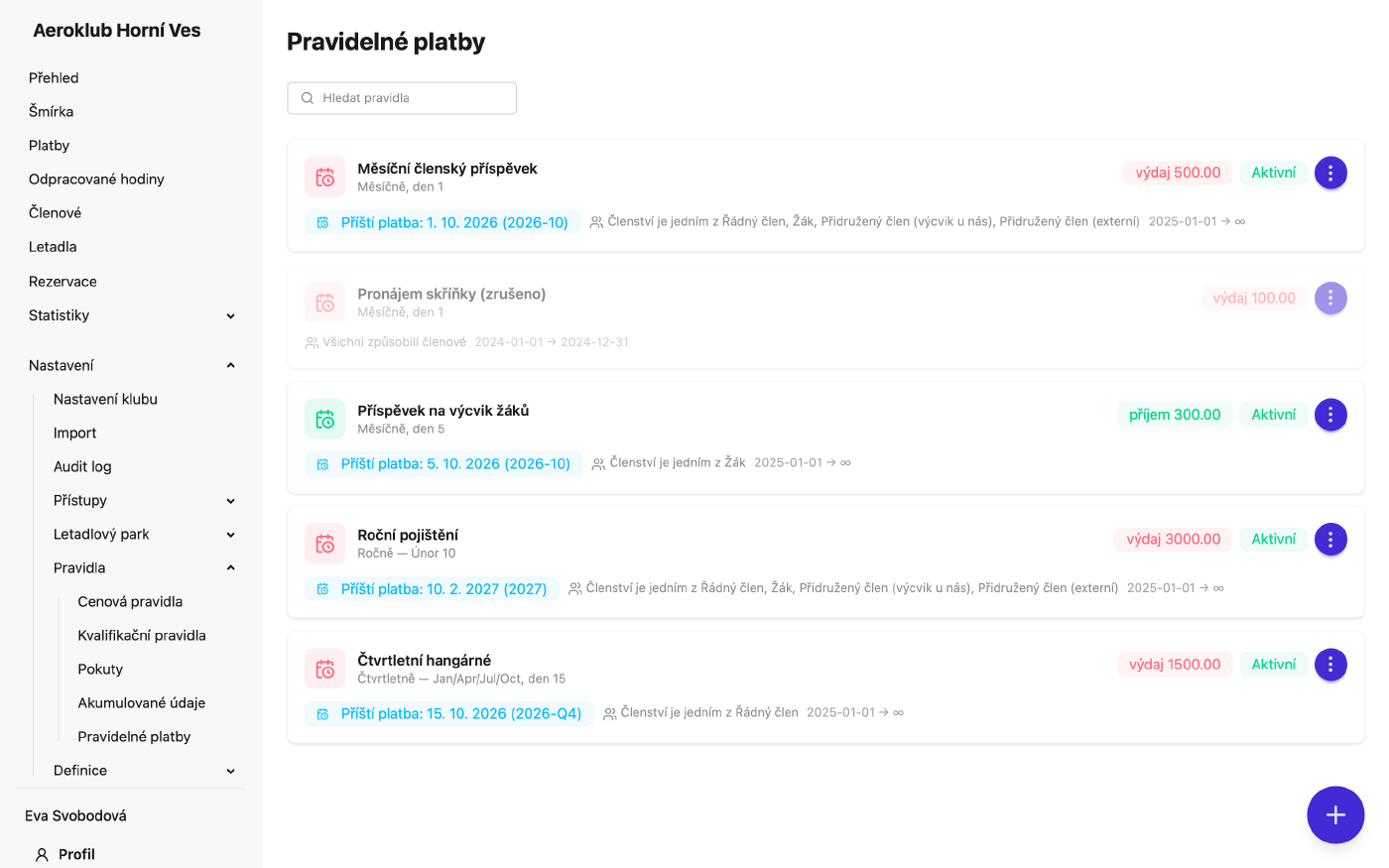 Pravidla pravidelných plateb jako karty s datem příští platby
