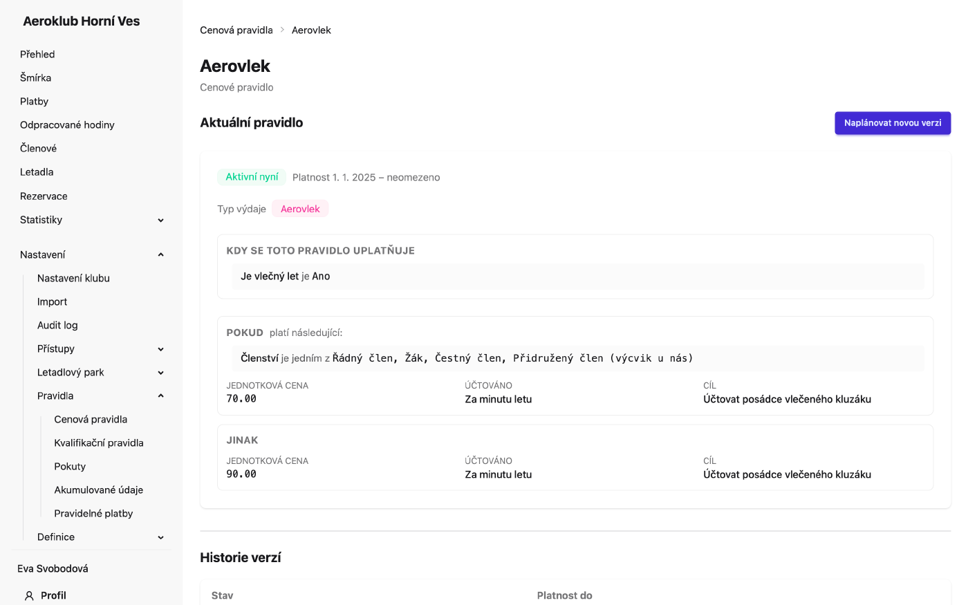Detail cenového pravidla s větvemi a historií verzí