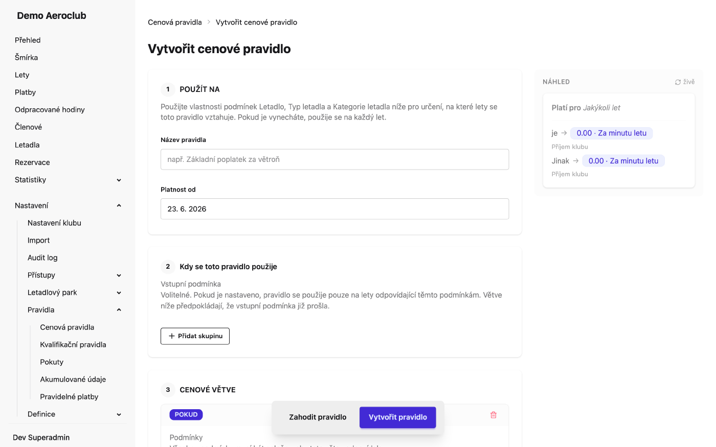 Formulář pro vytvoření nového cenového pravidla