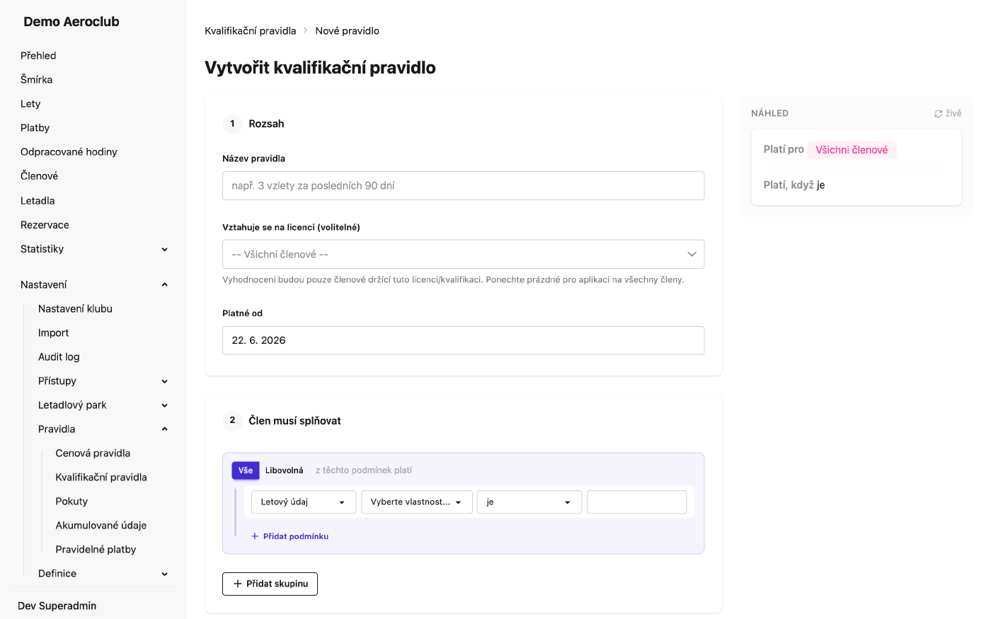 Formulář pro vytvoření nového kvalifikačního pravidla