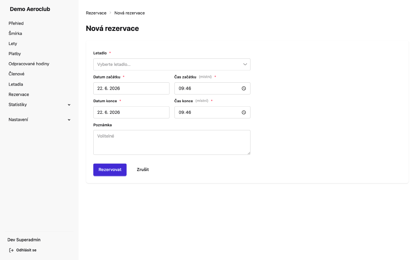 Formulář pro vytvoření nové rezervace