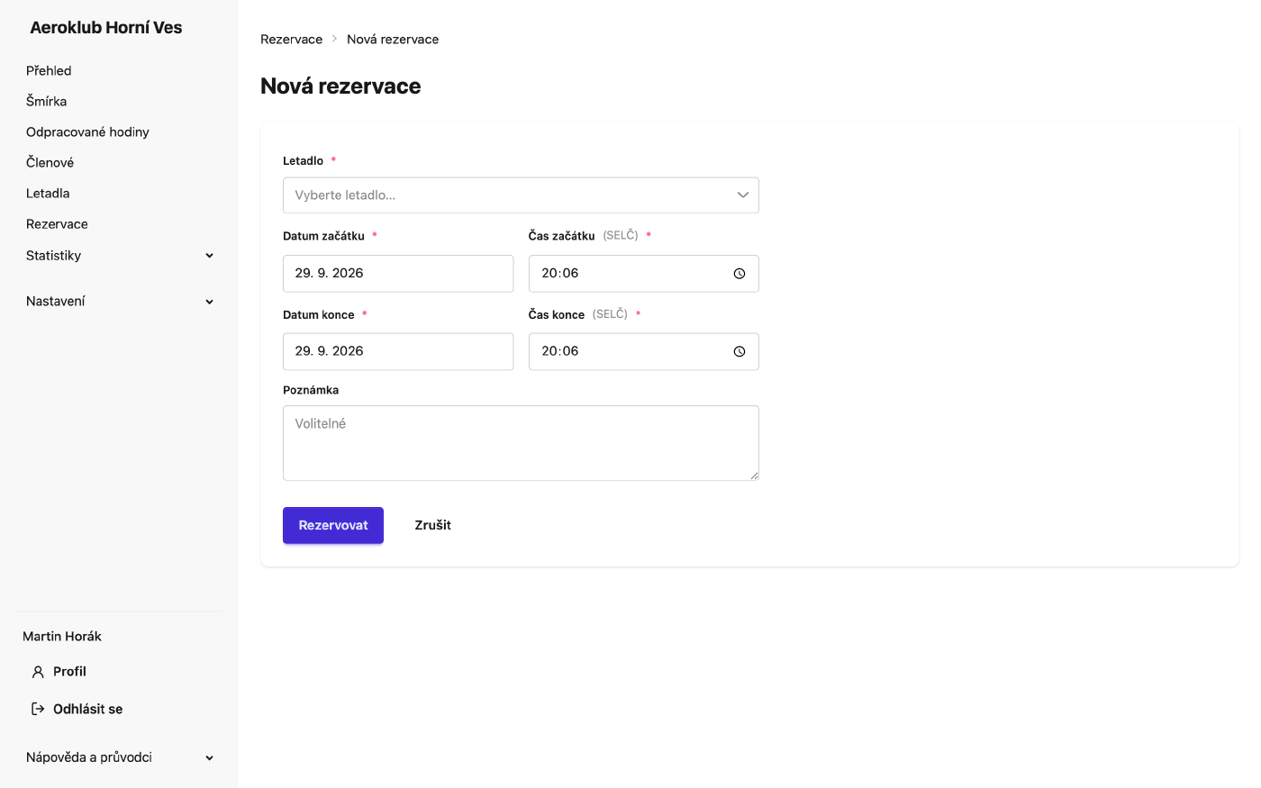 Formulář nové rezervace