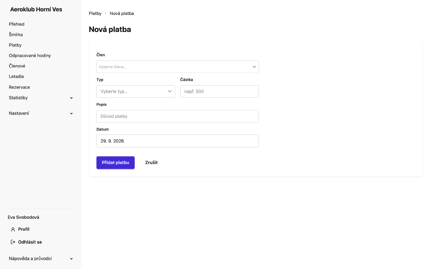 Formulář pro přidání jedné platby