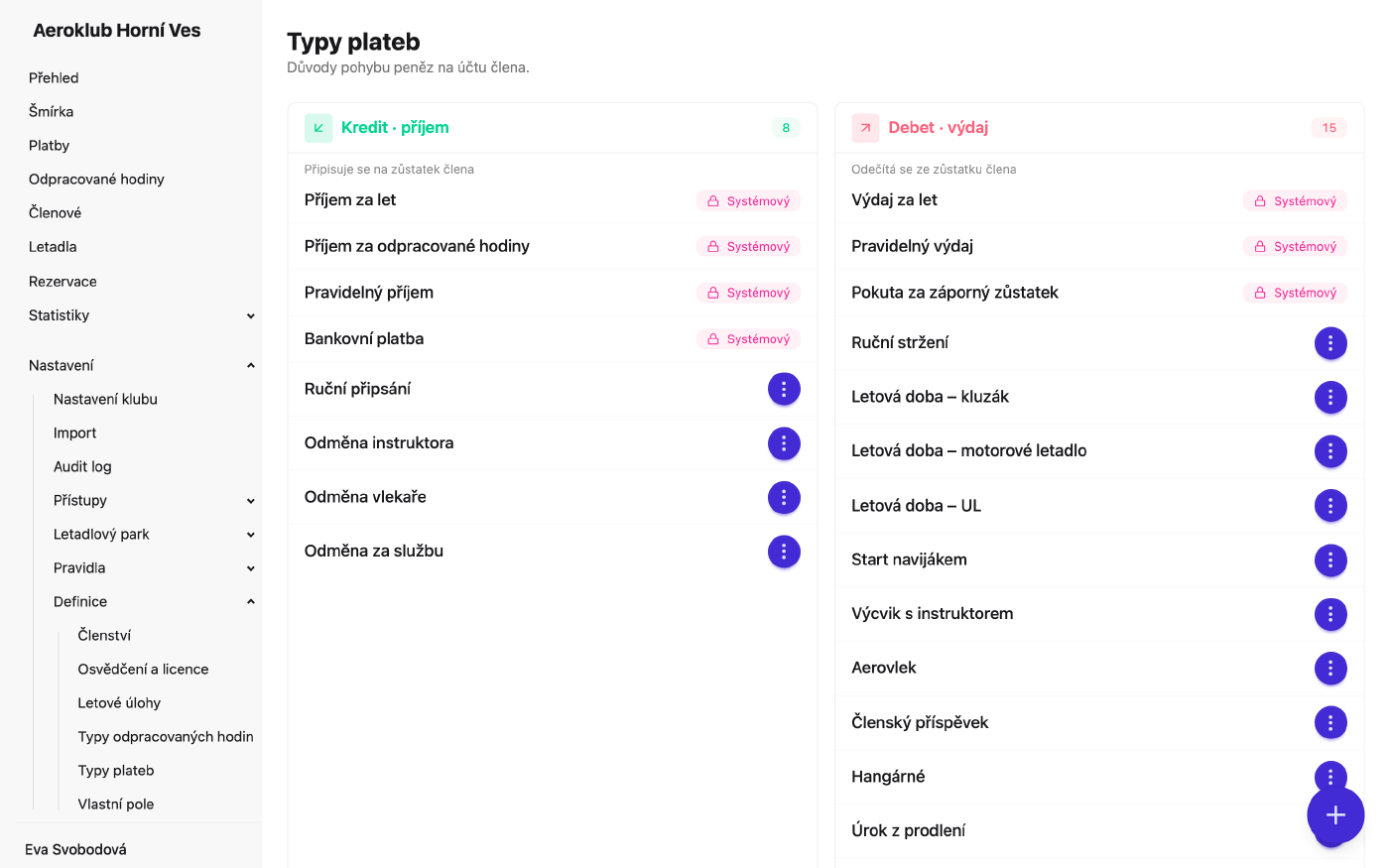 Typy plateb pro příjmy a výdaje s označenými systémovými typy