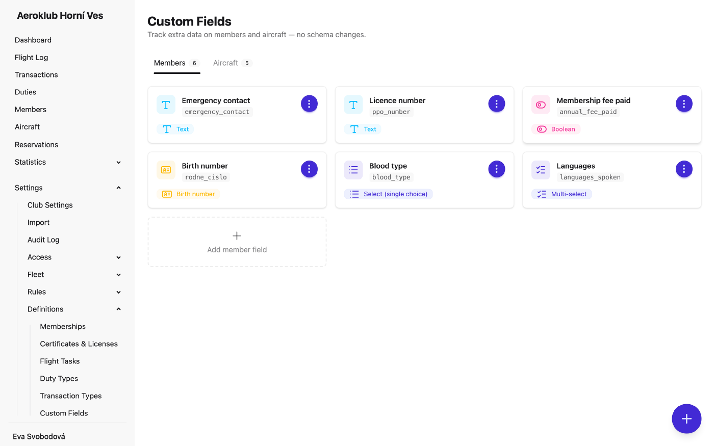 Member and aircraft custom fields